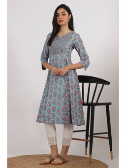 Folksong - Womens Blue Handblock Printed Flared Kurta