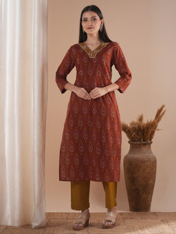 FASHOR - Brown Ethnic Ikat Printed Straight Fit Kurta