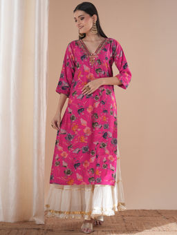 FASHOR - Pink Floral Foil Printed Hand Embroidered Straight Fit Kurta