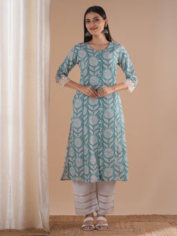 FASHOR - Blue Abstract Floral Printed A-Line Paneled Kurta