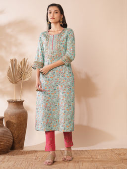 FASHOR - Blue Floral Printed and Embroidered Straight Fit Kurta