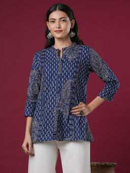 FASHOR - Blue Ethnic Floral Printed A-Line Pin Tucked Short Kurti