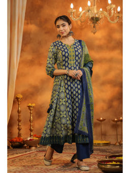 Rain & Rainbow - Navy Blue Ethnic Motifs Printed Anarkali Kurta Pant and Dupatta (Set of 3)