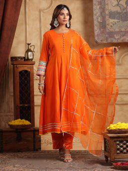 Rain & Rainbow - Orange Regular Gotta Patti Anarkali Kurta Pant and Dupatta (Set of 3)