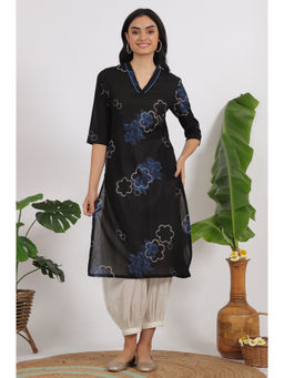 W - Black Bold Floral Printed Pure Cotton Straight Kurta