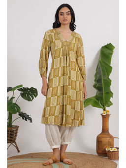 W - Green Paisley Printed Cotton Crepe Gathered Kurta