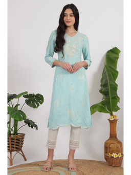 W - Blue Embroidered Rayon Straight Festive Kurta