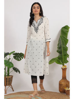 W - Printed White Cotton Lurex Dobby Flared Kurta