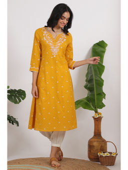 W - Marigold Yellow Printed Cotton Lurex Dobby Flared Kurta