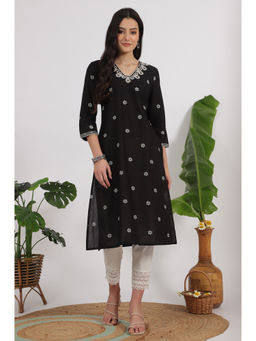 W - Black Embroidered Printed Pure Cotton Straight Kurta