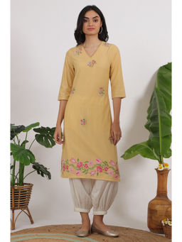 W - Yellow Floral Embroidered Lace Straight Kurta