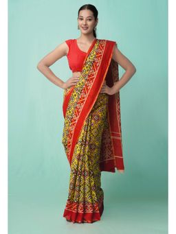 Unnati Silks - Yellow Pure Ajrakh Mulmul Cotton Saree with Unstitched Blouse