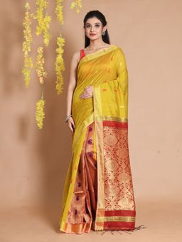 CHARUKRITI - Mustard Cotton Paisley Motifs & Zari Pallu Handwoven Saree with Unstitched Blouse