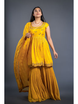 Shahmeen Husain - Mustard Yellow Embroidered Sharara Kurti with Dupatta (Set of 3)