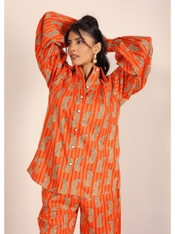 Kaori By Shreya - Orange & Multi Color Printed Pure Cotton Relaxed Long Shirt