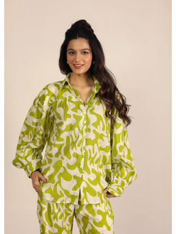 Kaori By Shreya - Green Geometric Cotton Linen Blend Collared Long Shirt
