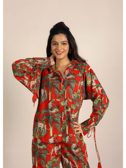 Kaori By Shreya - Red and Multi Jungle Theme Print Pure Cotton Relaxed Collared Shirt