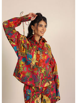 Kaori By Shreya - Multicolor Jungle Theme Print Pure Cotton Relaxed Collared Tops