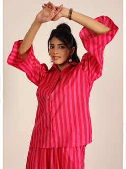 Kaori By Shreya - Pink and Red Textile Print New Age Stripe Cotton Stripes Collared Shirt