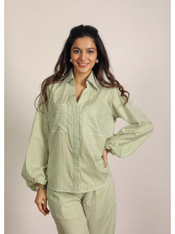 Kaori By Shreya - Green and White Textile Print New Age Stripe Cotton Balloon Sleeves Shirt