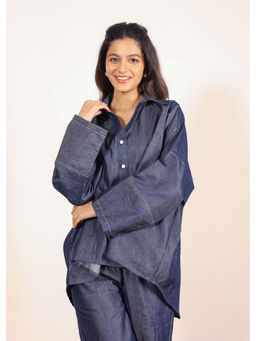 Kaori By Shreya - Solid Dark Blue Cotton Denim Button Closer Relaxed Oversized Long Shirt