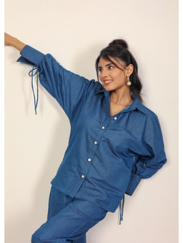 Kaori By Shreya - Solid Blue Cotton Denim Button Closer Collared Relaxed Full Sleeves Shirt