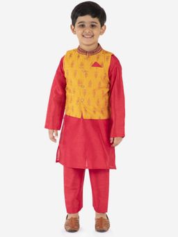 KID1 - Embroidered Jacket with Kurta Pyjama-Red (Set of 3)