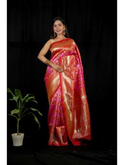 Isadora Life - Womens Woven Zari Pink Pre-Draped Saree with Unstitched Blouse