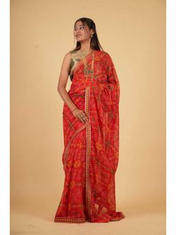 Isadora Life - Womens Bandhani Printed Red Pre-Draped Saree with Unstitched Blouse