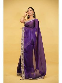 Isadora Life - Womens Embroidered Sequined Purple Pre-Draped Saree with Unstitched Blouse
