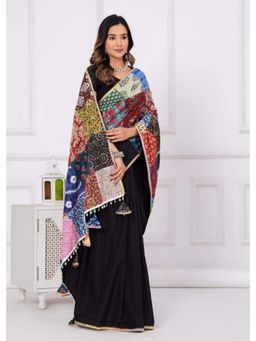 Isadora Life - Womens Printed Tassels Black Pre-Draped Saree with Unstitched Blouse