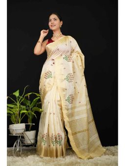 Isadora Life - Womens Embroidered Zari Ivory Pre-Draped Saree with Unstitched Blouse