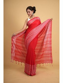 Isadora Life - Womens Printed Tassels Red Pre-Draped Saree with Unstitched Blouse