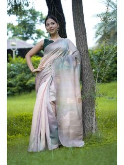 Isadora Life - Womens Embroidered Thread Work Blue Pre-Draped Saree with Unstitched Blouse