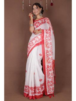 Isadora Life - Womens Printed Tassels White Pre-Draped Saree with Unstitched Blouse