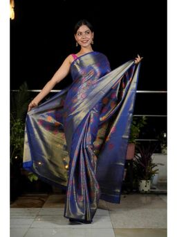 Isadora Life - Womens Woven Zari Blue Pre-Draped Saree with Unstitched Blouse