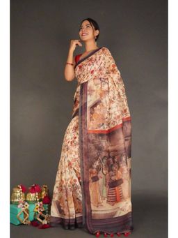 Isadora Life - Womens Kalamkari Printed Beige Pre-Draped Saree with Unstitched Blouse