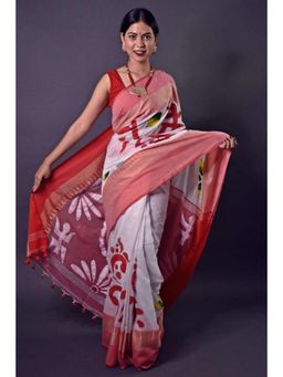 Isadora Life - Womens Printed Tassels White Pre-Draped Saree with Unstitched Blouse