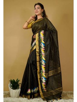Isadora Life - Womens Checks Tassels Black Pre-Draped Saree with Unstitched Blouse