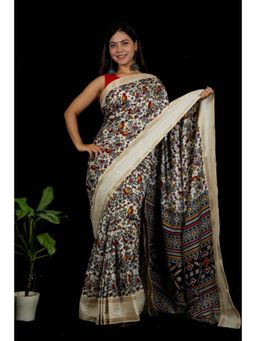 Isadora Life - Womens Printed White Pre-Draped Saree with Unstitched Blouse