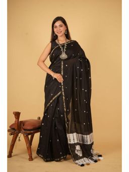 Isadora Life - Womens Printed Tassels Black Pre-Draped Saree with Unstitched Blouse