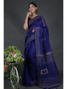 Isadora Life - Womens Woven Tassels Navy Blue Pre-Draped Saree with Unstitched Blouse