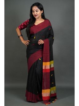 Isadora Life - Womens Embroidered Tassels Black Pre-Draped Saree with Unstitched Blouse