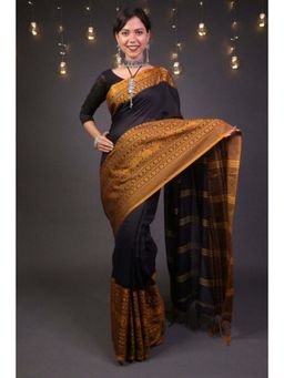 Isadora Life - Womens Woven Tassels Black Pre-Draped Saree with Unstitched Blouse