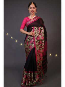 Isadora Life - Womens Woven Tassels Black Pre-Draped Saree with Unstitched Blouse