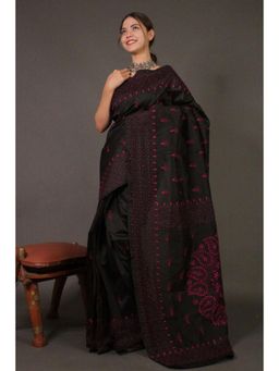 Isadora Life - Womens Embroidered Thread Work Black Pre-Draped Saree with Unstitched Blouse