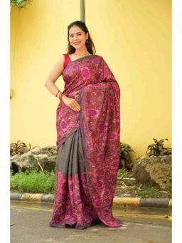 Isadora Life - Womens Printed Pink Pre-Draped Saree with Unstitched Blouse