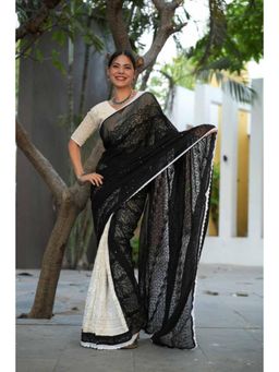 Isadora Life - Womens Colorblock Chikankari Black Pre-Draped Saree with Unstitched Blouse