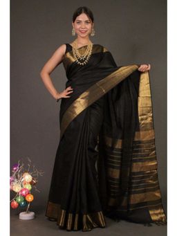 Isadora Life - Womens Woven Tassels Black Pre-Draped Saree with Unstitched Blouse
