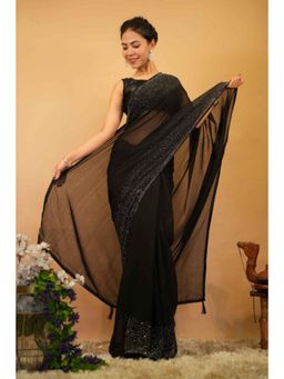 Isadora Life - Womens Sequined Black Pre-Draped Saree with Unstitched Blouse